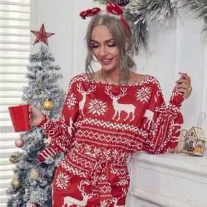 Christmas Print Batwig Sleeve Belted Dress